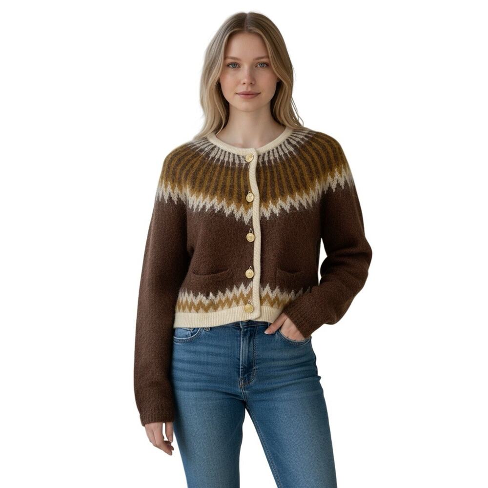 NWT J Crew Fair Isle Cardigan Sweater In Brushed Yarn Brown Size Small